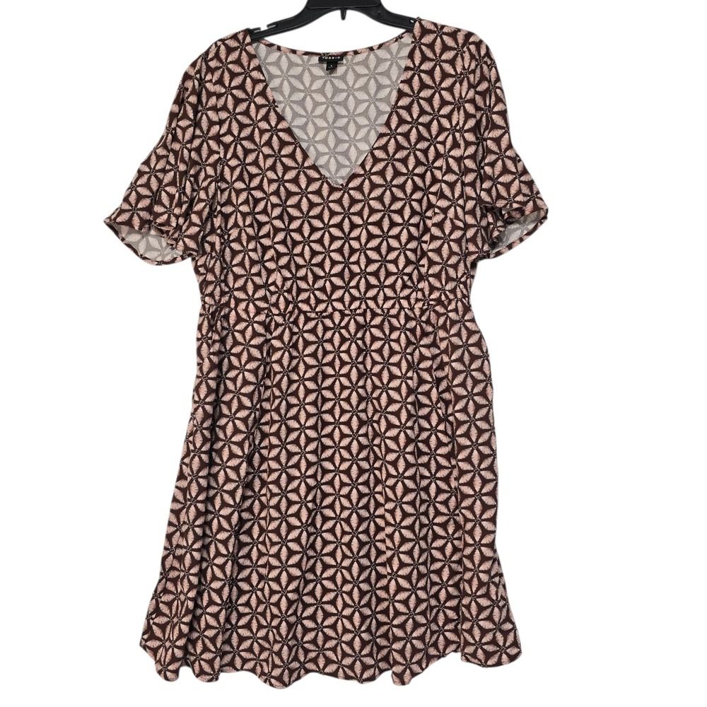 Torrid Brown Geometric Print V-Neck Dress Plus Size 1 Flutter Sleeve Pockets‎